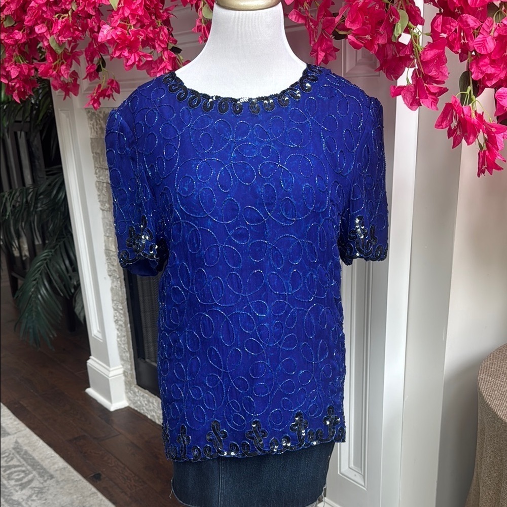 Vintage Sequin Royal Blue Women's Top - Medium